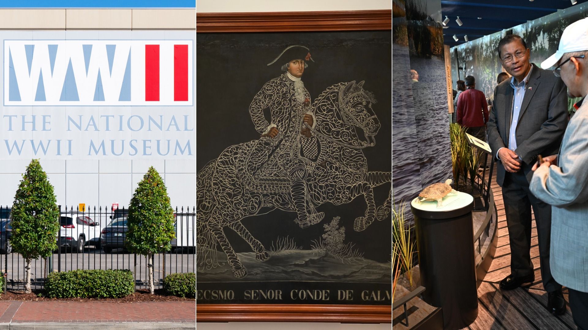 Image shows a building exterior of the WWII Museum, a portrait of Galvez and a photo of the new Louisiana Wetlands Education Center.