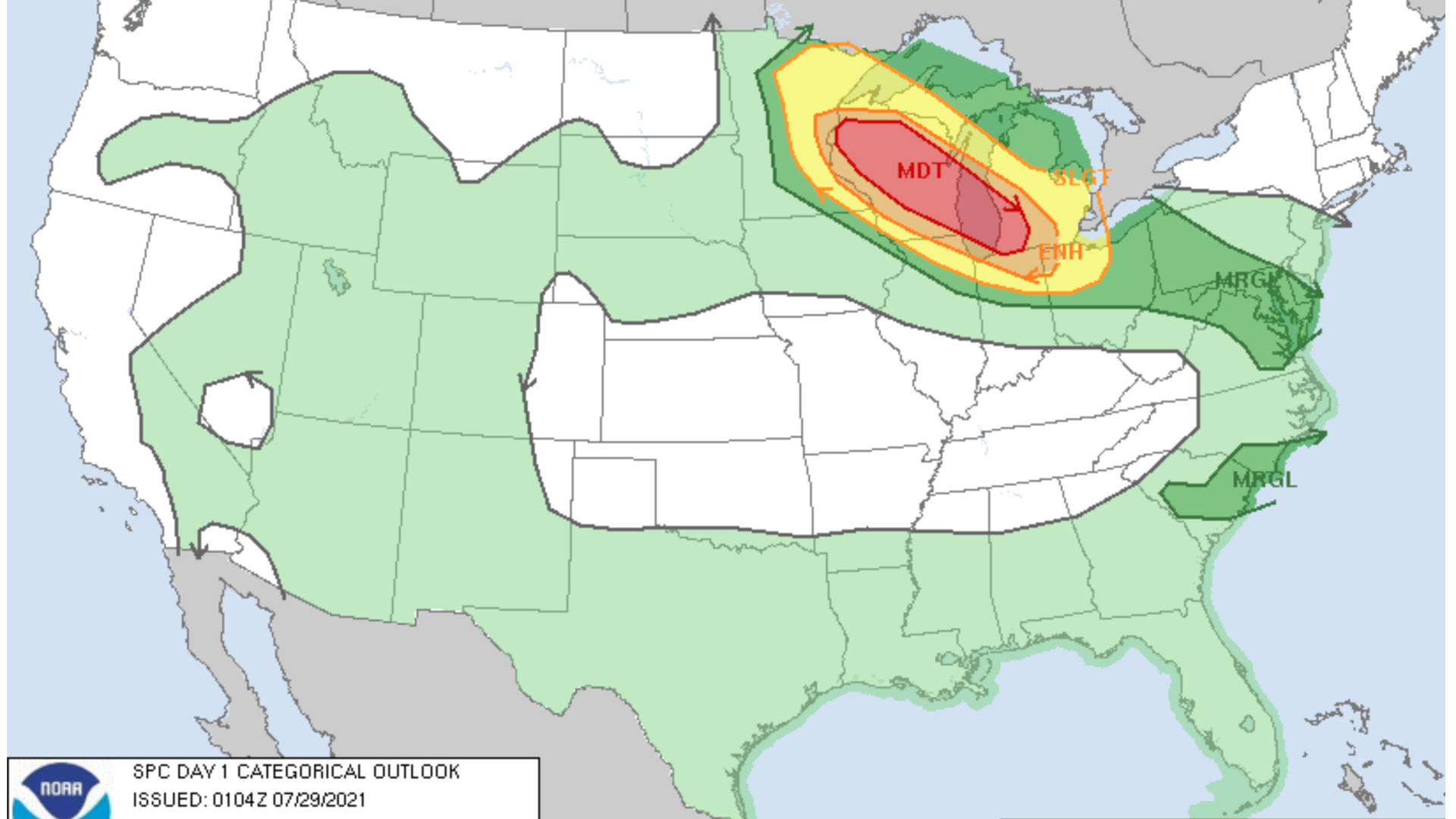 An image of a map of the U.S. showing the forecast bad weather in the Midwest