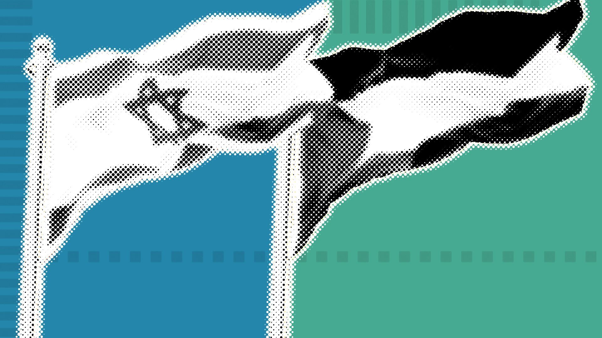 Illustration of the flags of Israel and Palestine over a divided blue and green background.