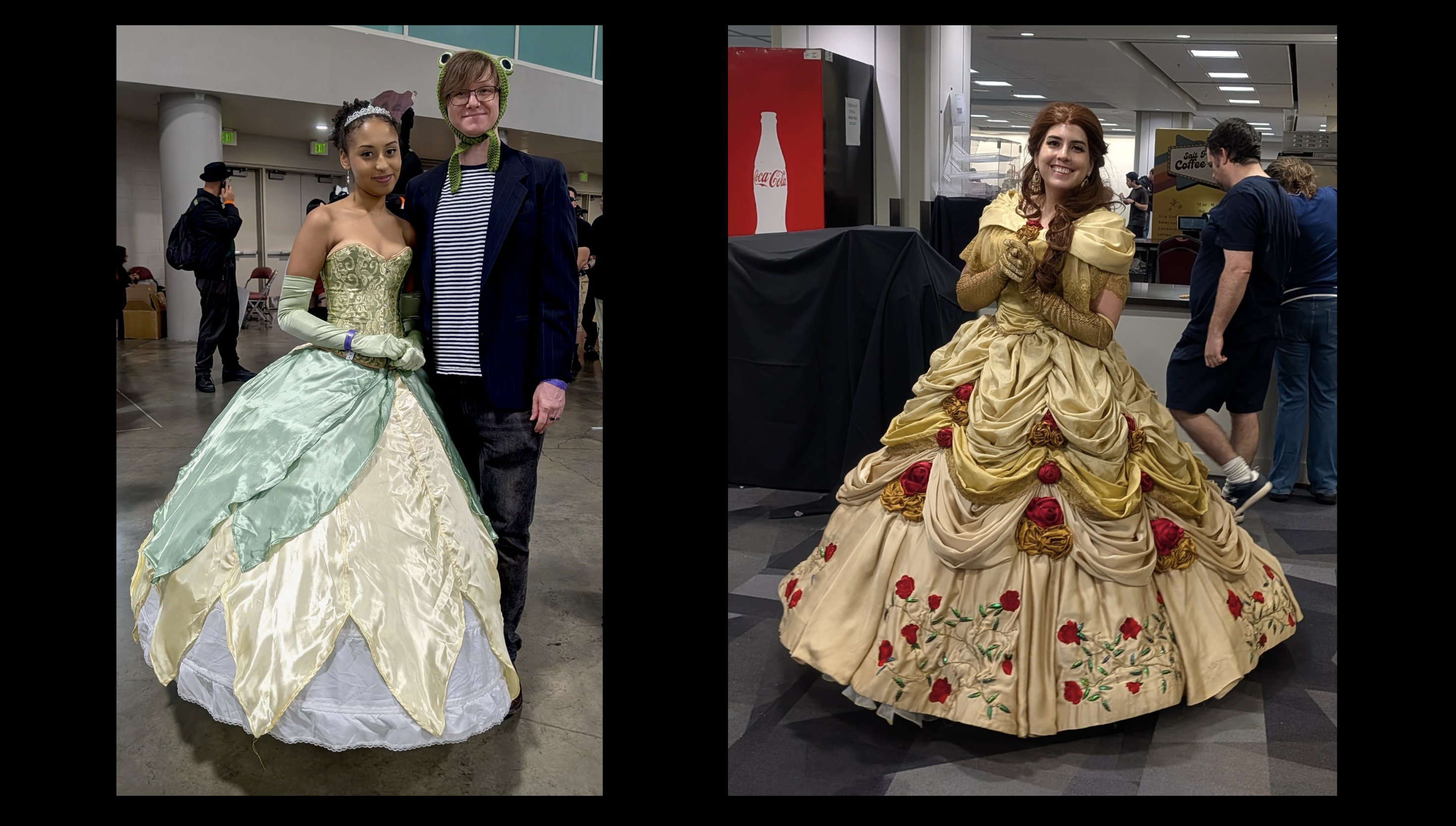 Cosplay collage: left shows a woman in a pale green ball gown with long gloves beside a man in a striped shirt and green frog hat; right, a smiling woman in a yellow Belle-style gown with gloves.