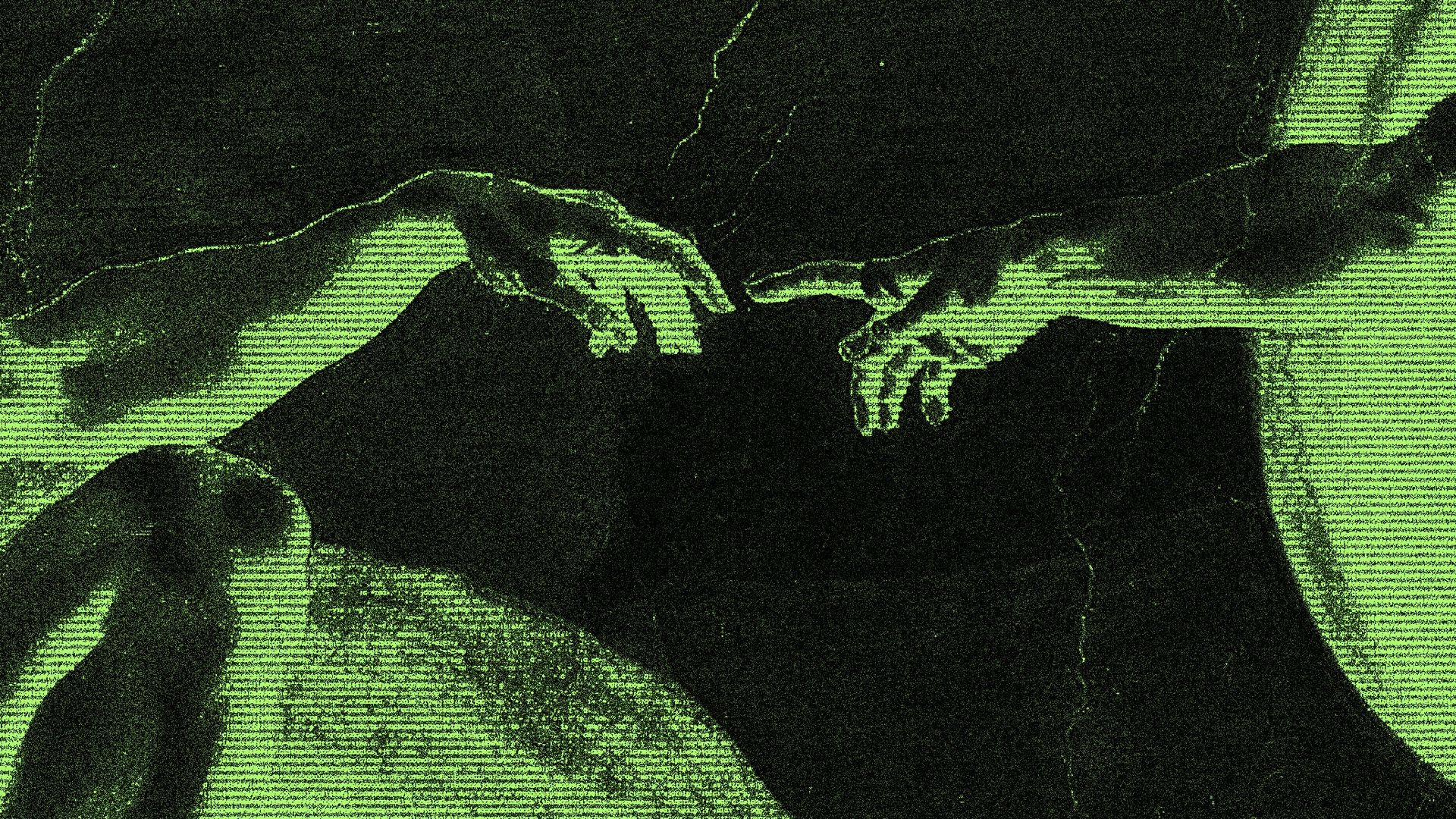 Illustration of The Creation of Adam made from artifacted digital code