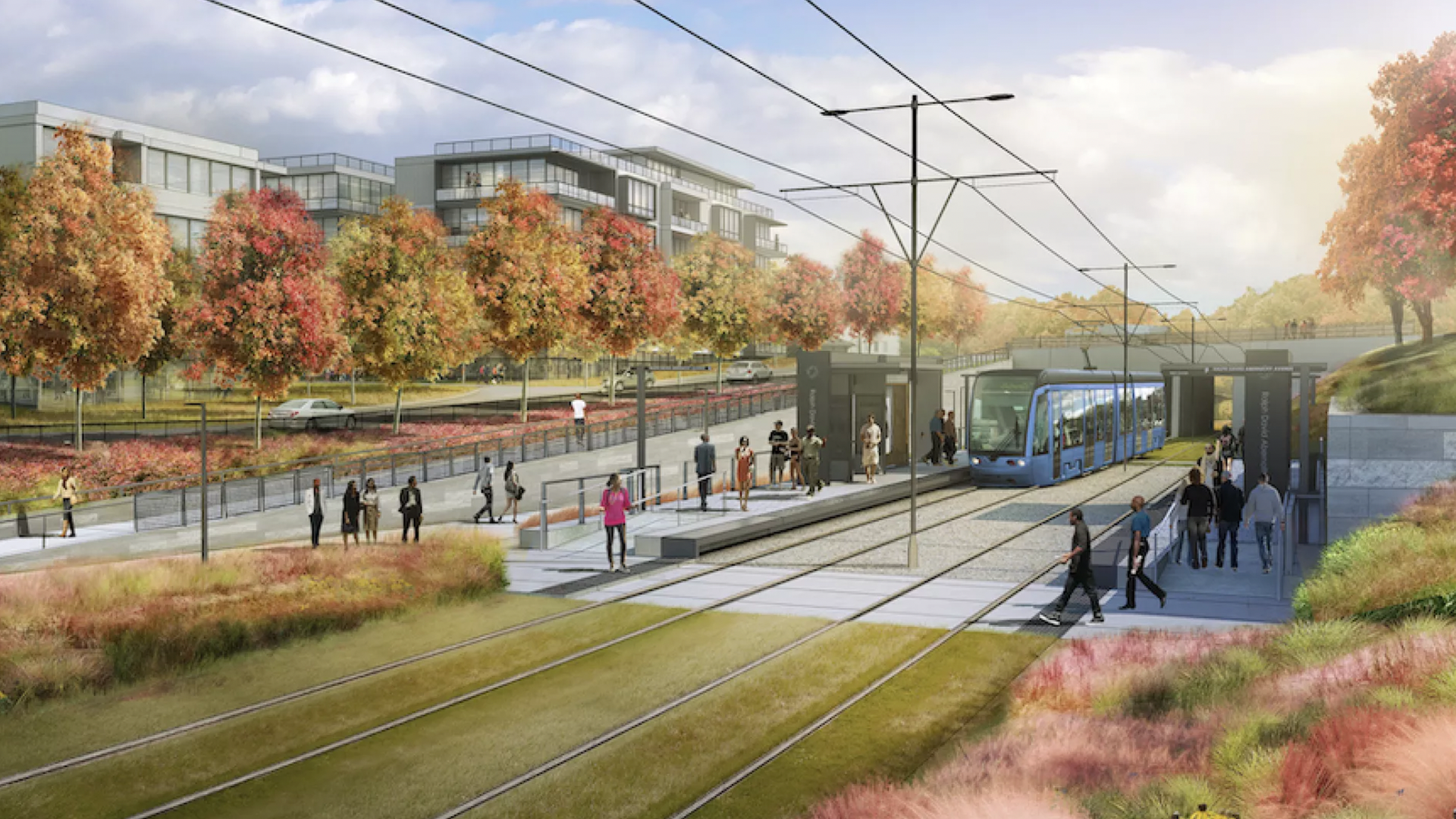 A rendering of people using light rail at a station near mixed-use development along the Atlanta Beltline