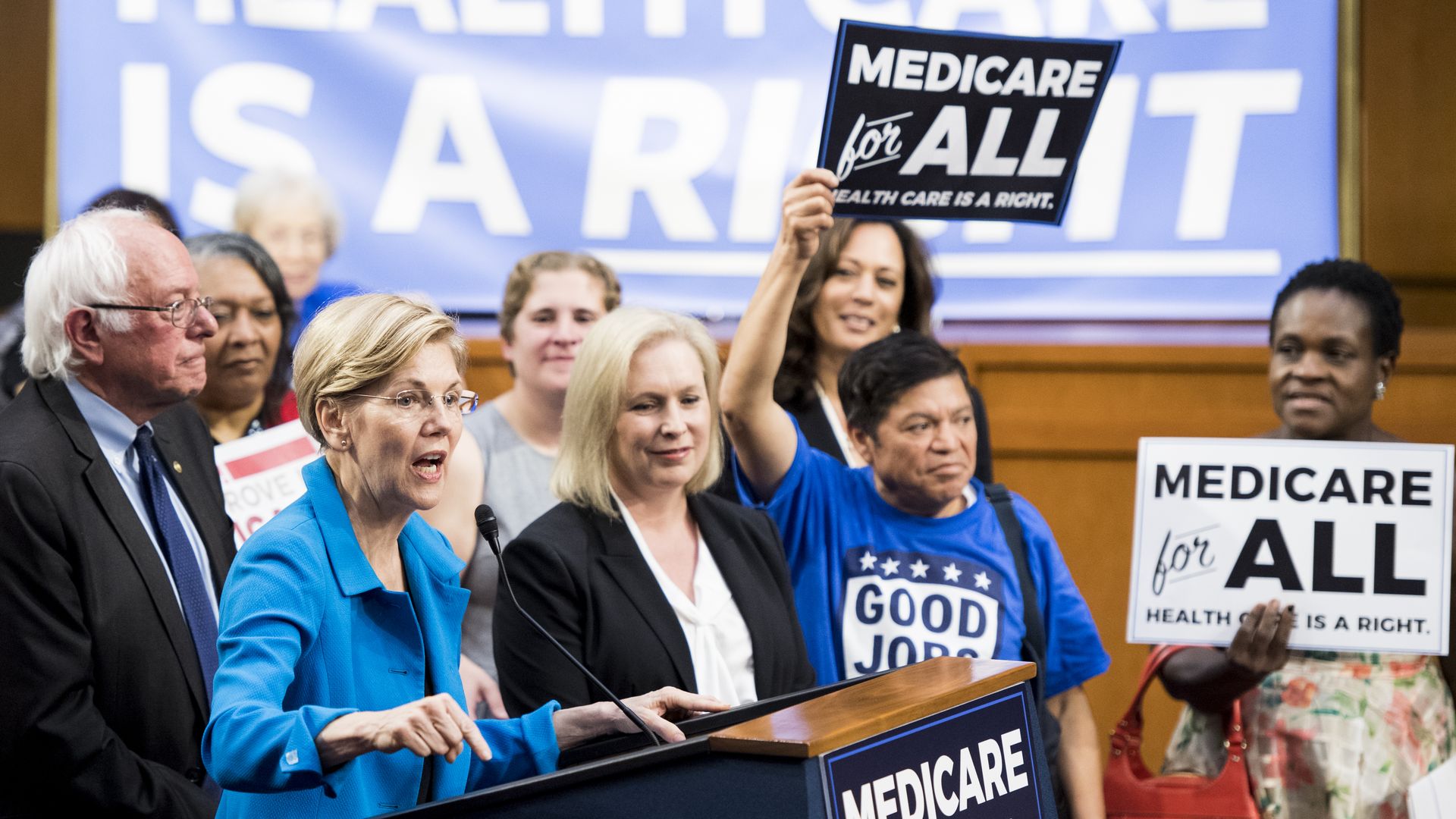 Sens. Bernie Sanders and Elizabeth Warren with Medicare for All supporters