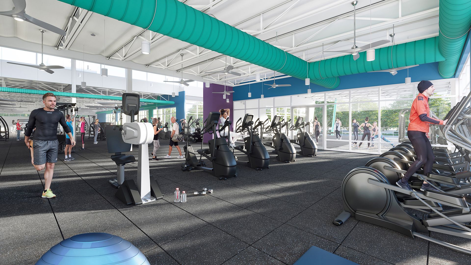 A rendering showing a gym with several stationary bikes and elliptical machines.