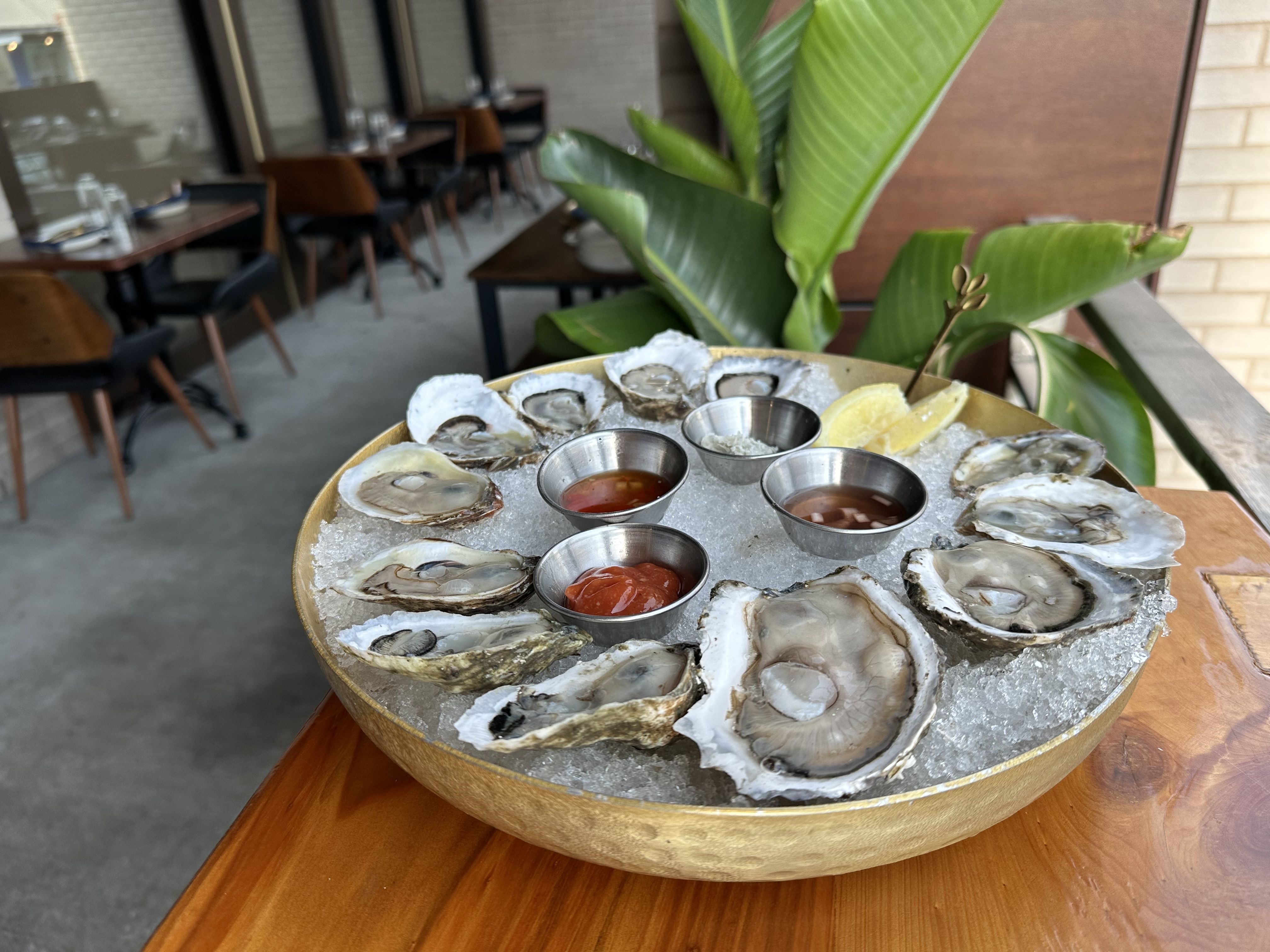 A dozen oysters on the half shell sit on a wooden table on a porch.