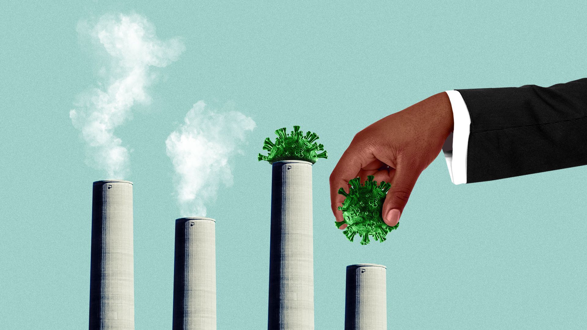 Illustration of someone plugging smoke stacks with coronavirus.