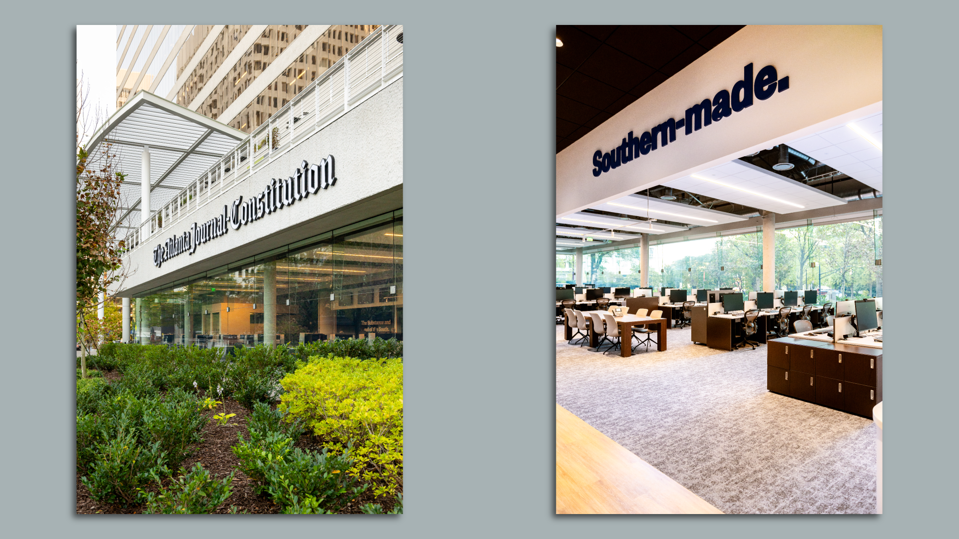 Side by side images of the new AJC headquarters in Midtown.