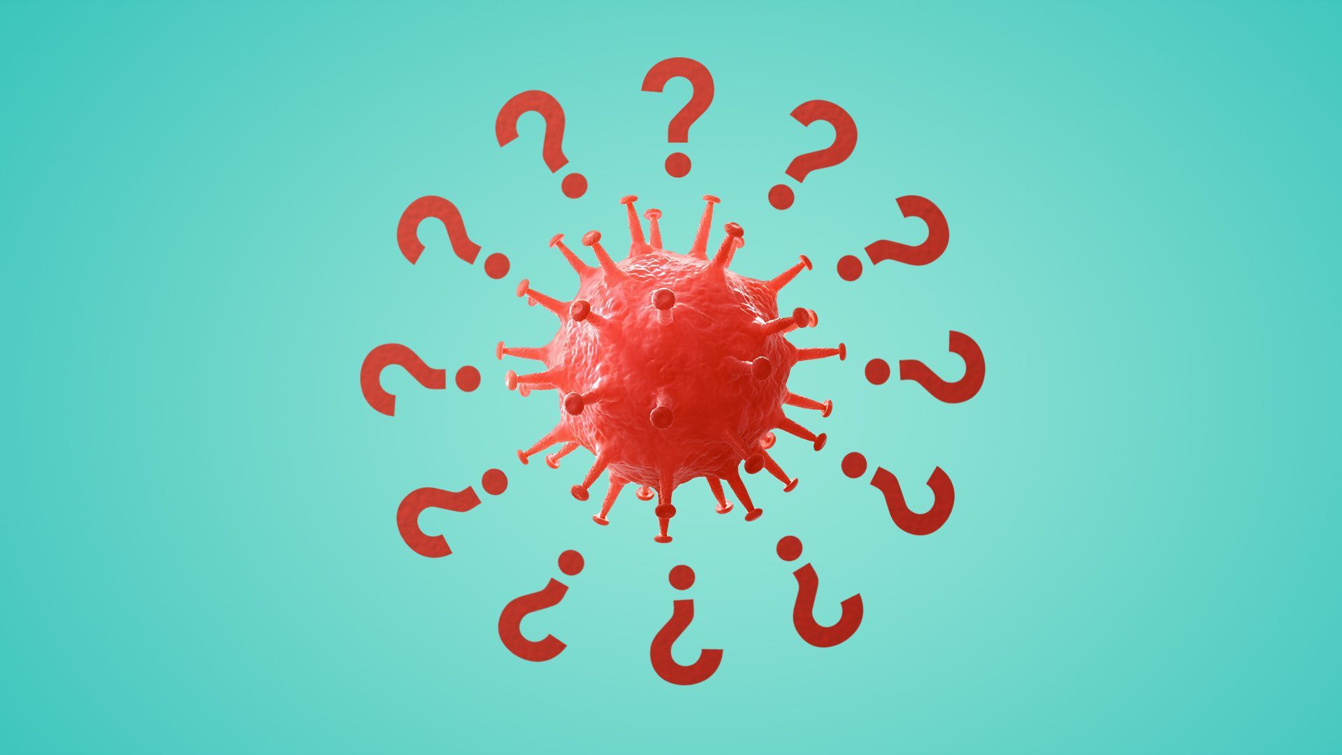 A coronavirus cell with question marks surrounding it over a blue background.