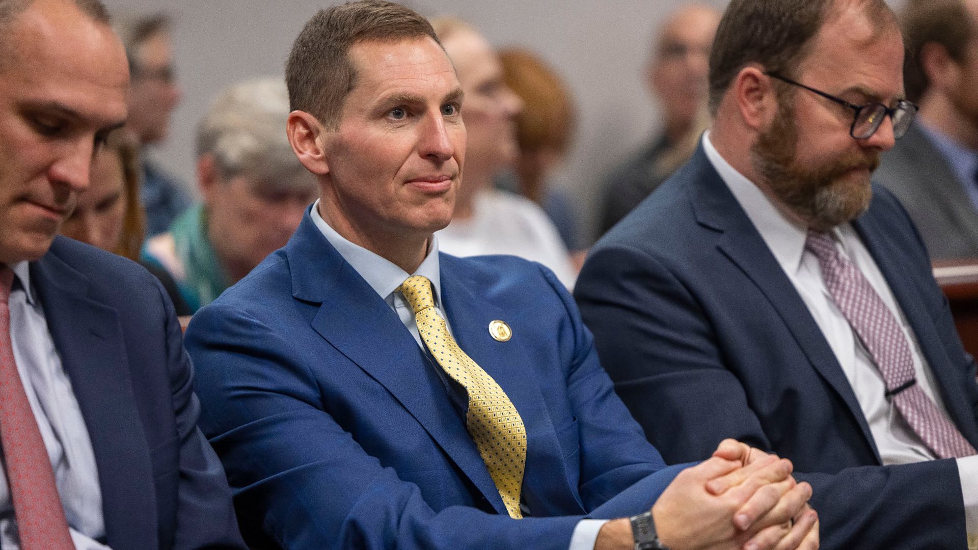 Judge Jefferson Griffin, the Republican candidate for the N.C. Supreme Court listens to testimony in Wake County Superior Court on Friday, Feb. 7, 2025, in Raleigh, North Carolina. Griffin trails North Carolina Supreme Court Justice Allison Riggs by 734 votes following two recounts of the November 2