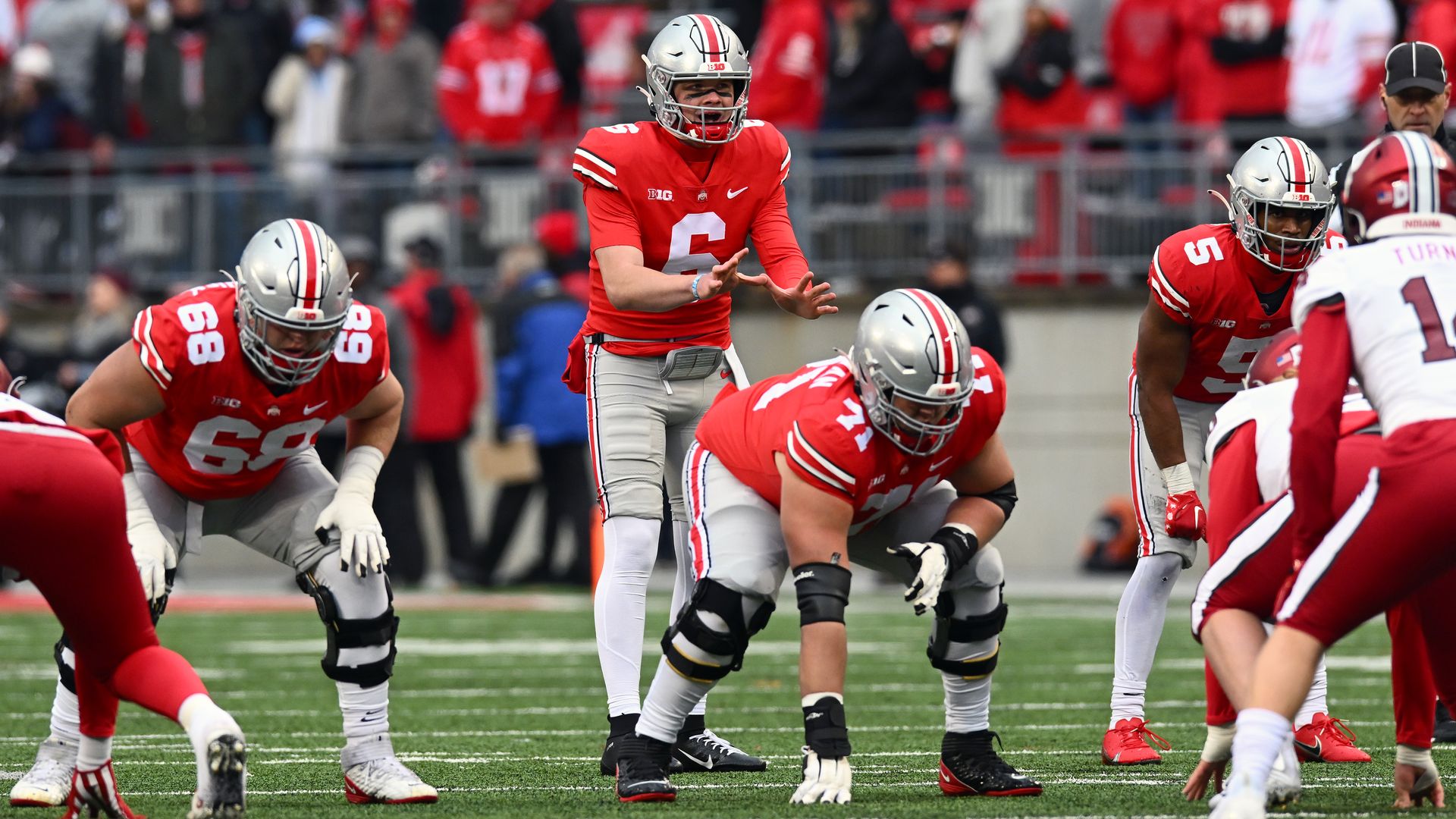 Buckeyes quarterback Kyle McCord (No. 6) calls a play during a game against the Indiana Hoosiers