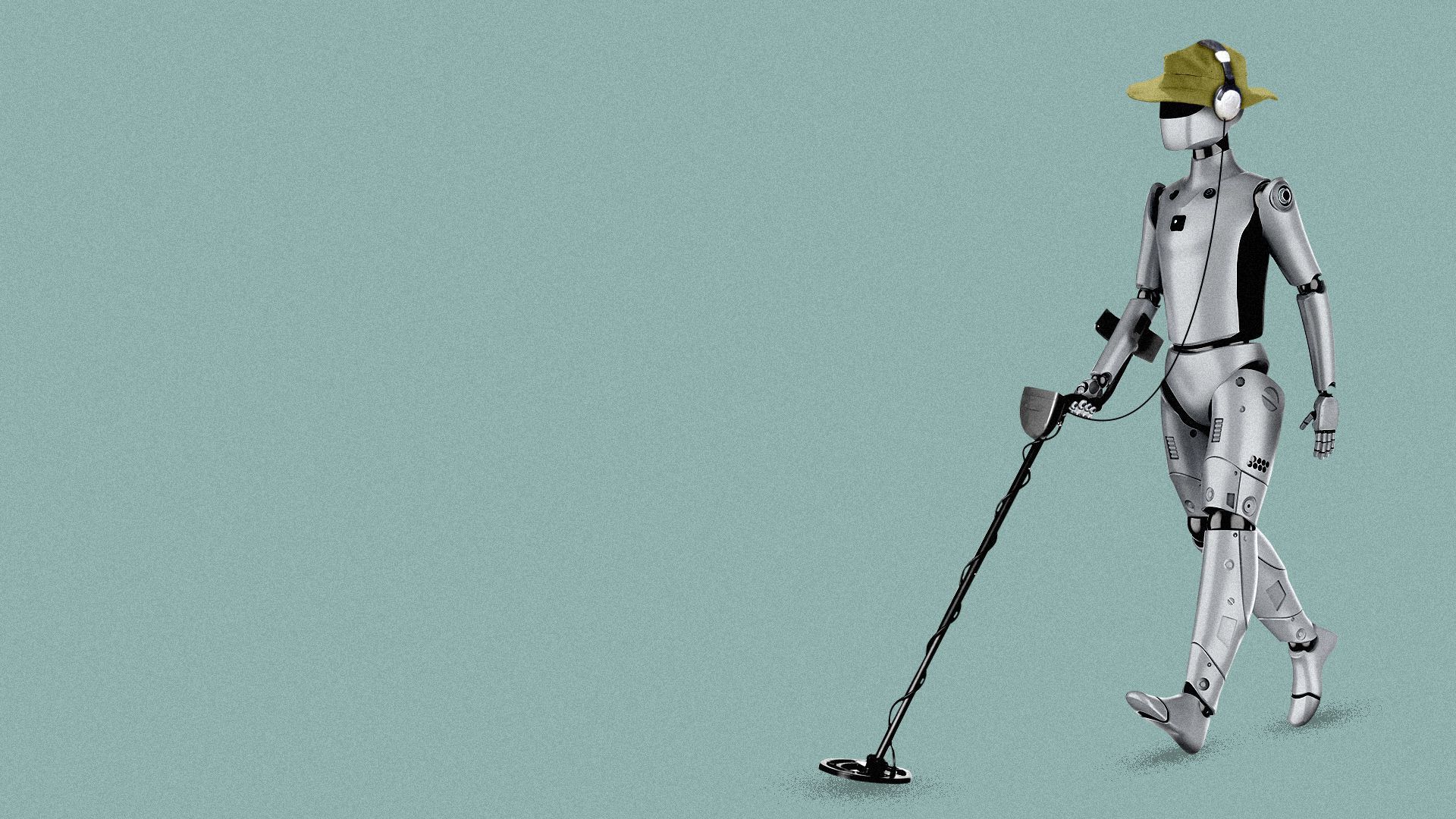Illustration of a robot with a metal detector wearing a sun hat. 
