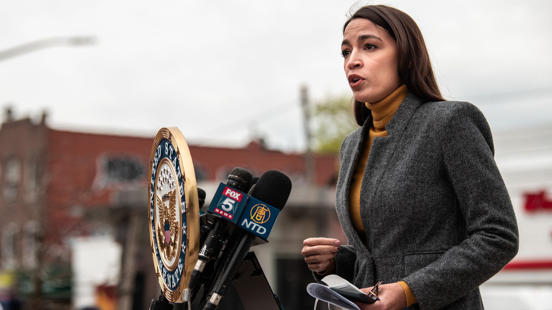 Representative Alexandria Ocasio Cortez (D-NY) speaks at a press conference at Corona Plaza in Queens on April 14, 2020 in New York City.