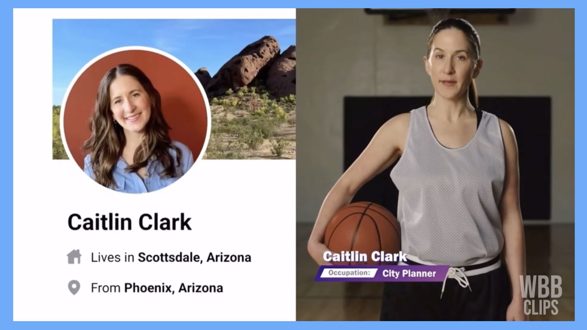 A Facebook profile of a woman names Caitlin Clark next to that woman in a basketball outfit. 