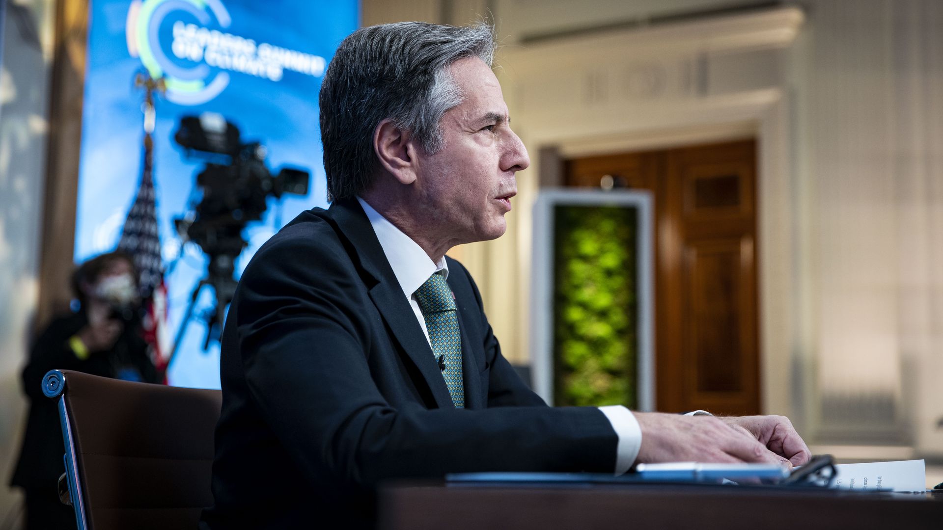Antony Blinken, U.S. secretary of state, speaks during the virtual Leaders Summit on Climate in the East Room of the White House.
