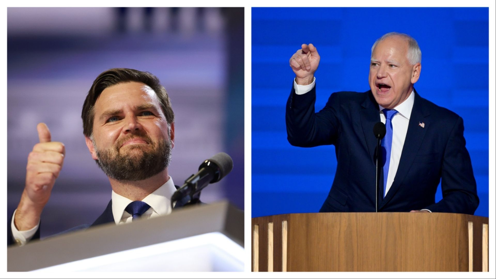 This is a collage of Republican vice presidential nominee JD Vance at the Republican National Convention on July 17 at Fiserv Forum in Milwaukee Wisconsin and Democratic vice presidential nominee Tim Walz at the Democratic National Convention on Aug. 21 at the United Center in Chicago.