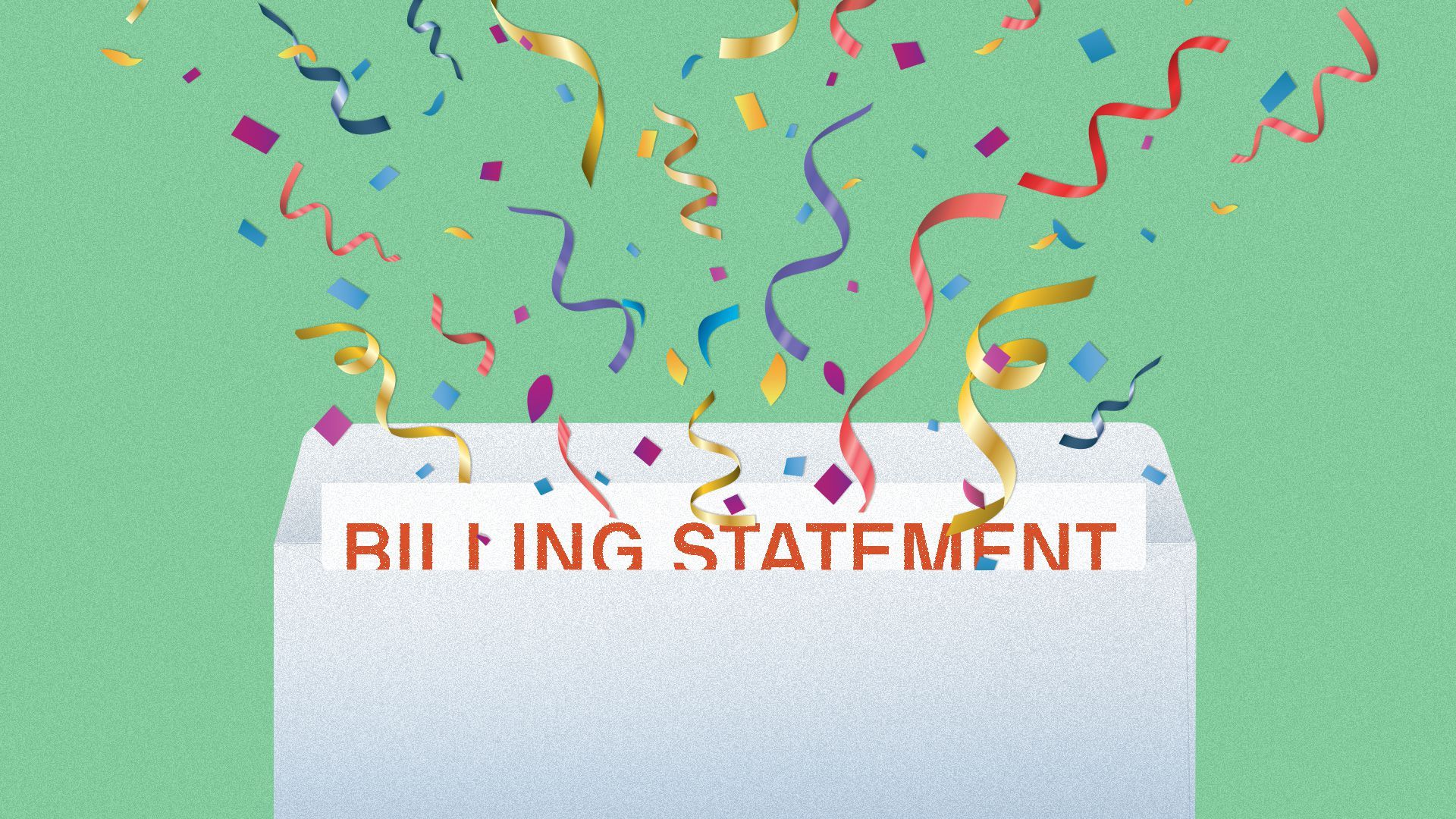 Illustration of an opened envelope with a billing statement inside and confetti spilling out.  