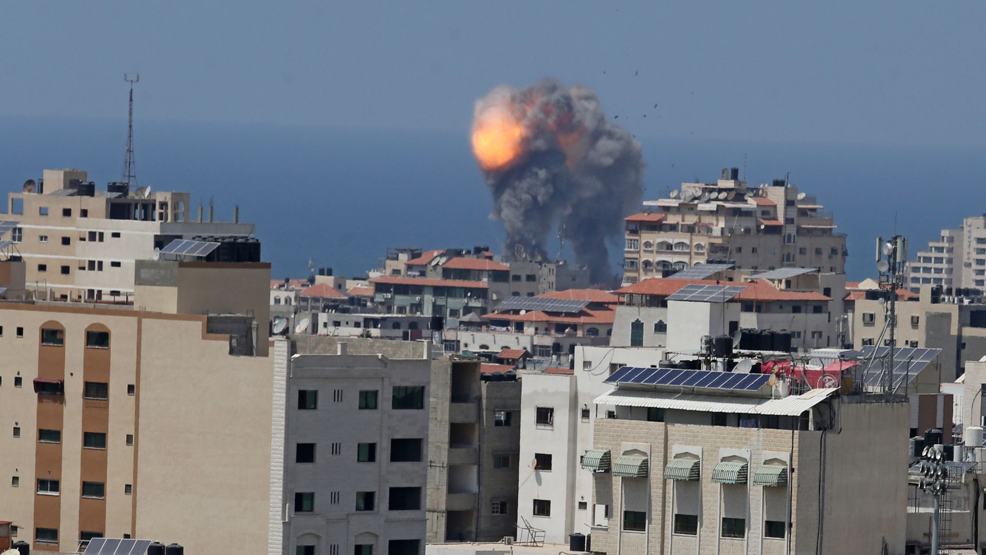 Smoke rises after the warplanes of Israel carried out an airstrike over residential areas in Gaza City, Gaza