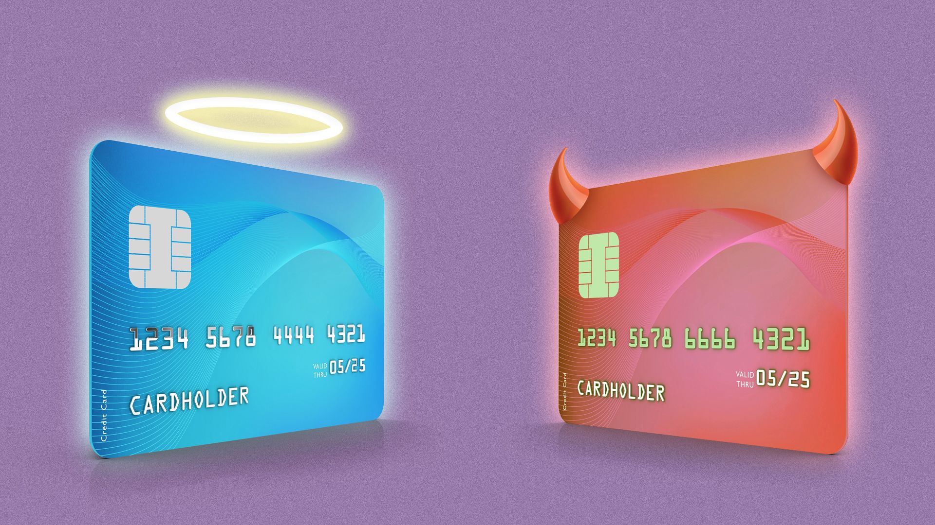 Illustration of a credit card with a halo facing a credit card with devil horns