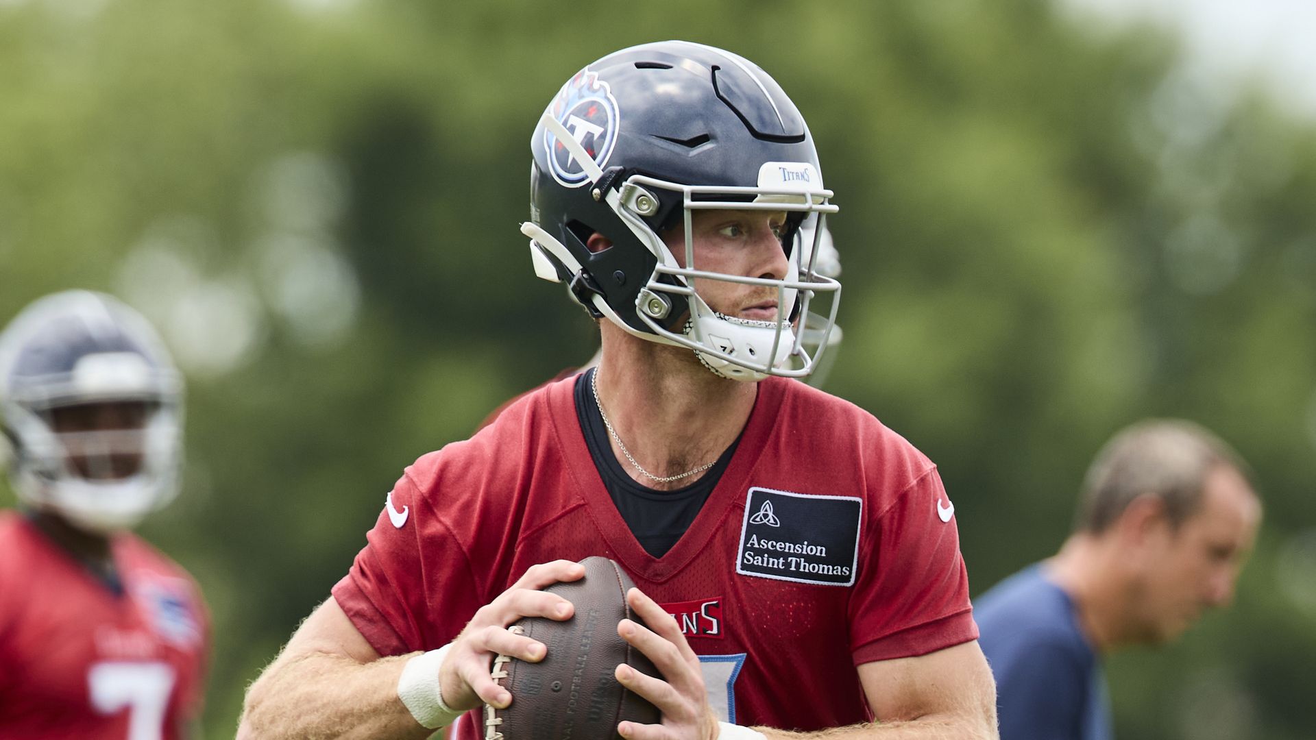 Will Levis #8 of the Tennessee Titans drops back to pass during day 2 of Titans Mandatory Minicamp at Ascension Saint Thomas Sports Park
