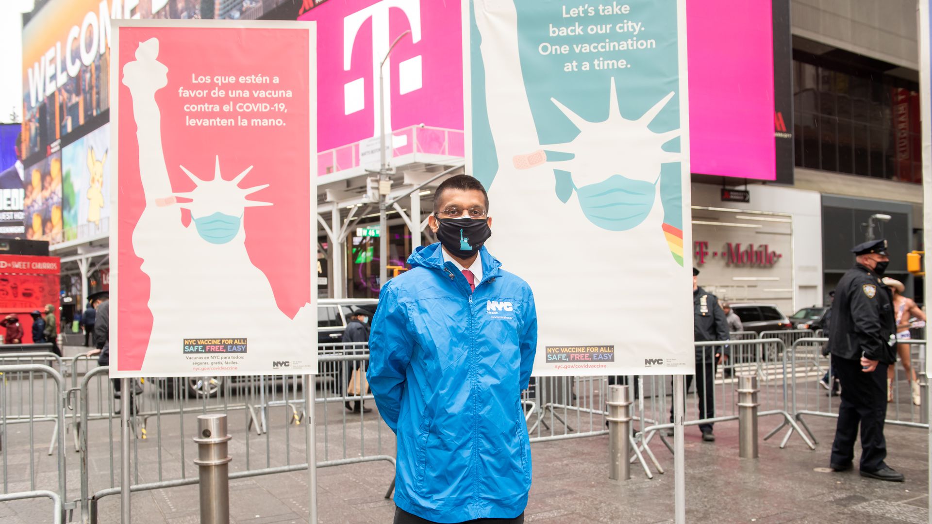  New York City Department of Health CommissionerDave Chokshi attends the opening of a vaccination center for Broadway workers in Times Square on April 12, 2021 in New York City. 