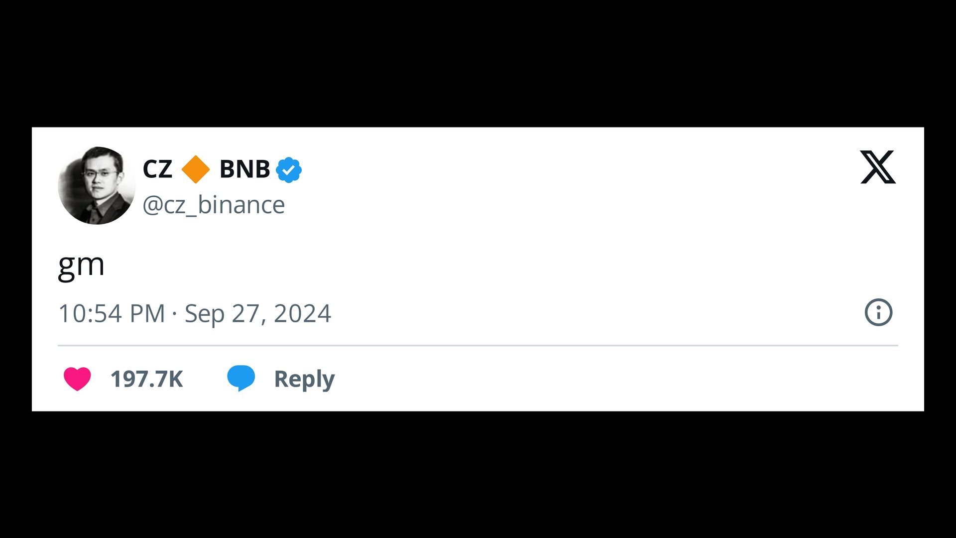 A screenshot of a tweet that just says "gm," from Binance co-founder CZ