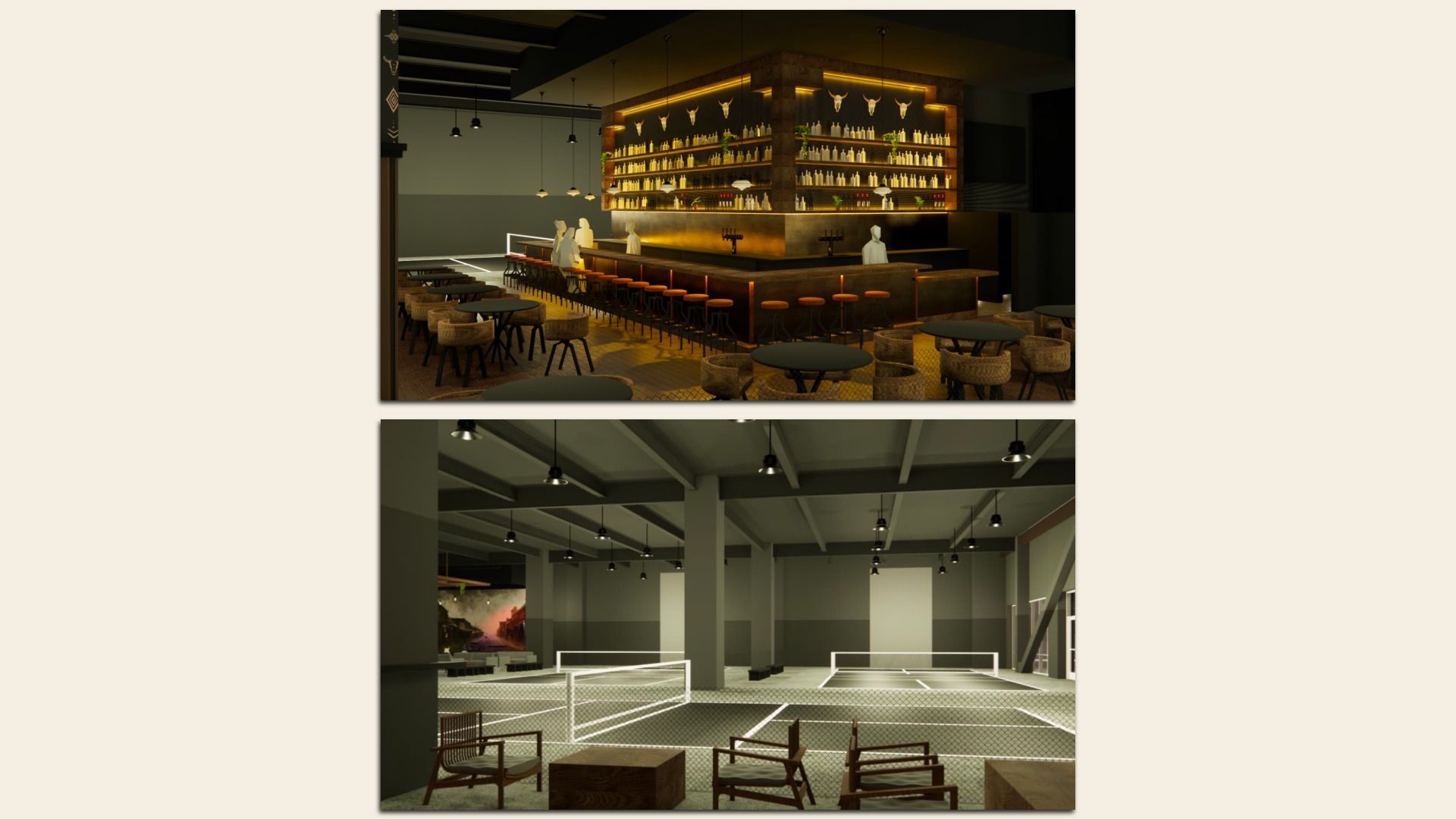 Renderings of a modern indoor venue. The top image shows a warmly lit bar area with woven stools, pendant lighting, and shelves lined with bottles, creating a cozy, upscale ambiance. The bottom image depicts an adjacent recreational space featuring pickleball courts.