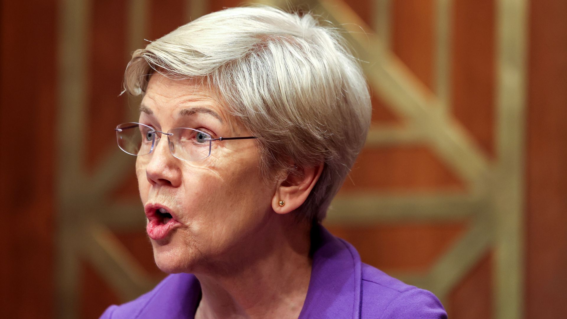 Senator Elizabeth Warren, a Democrat from Massachusetts and ranking member of Senate Banking, Housing, and Urban Affairs Committee, during a confirmation hearing in Washington, DC, US, on Thursday, March 27, 2025.