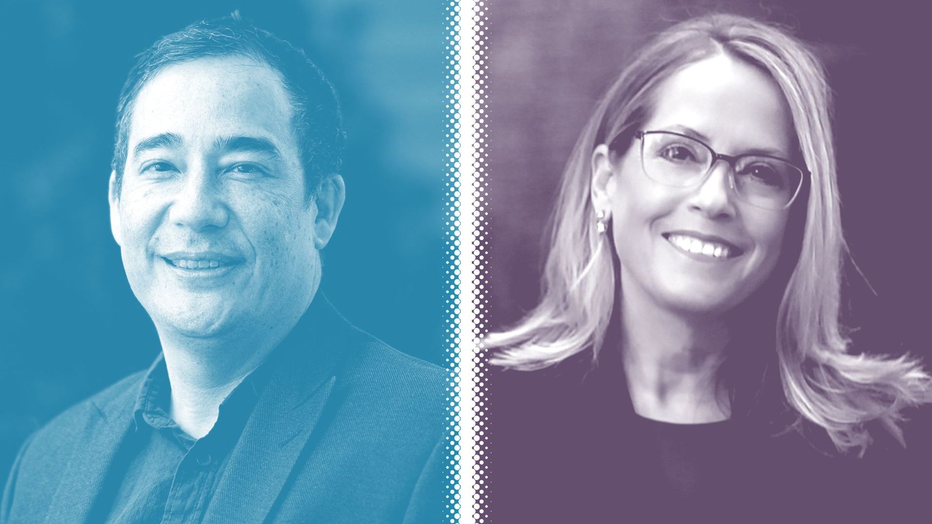 Photo illustration of Steve Hobbs tinted blue and Julie Anderson tinted purple separated by a white halftone divider.