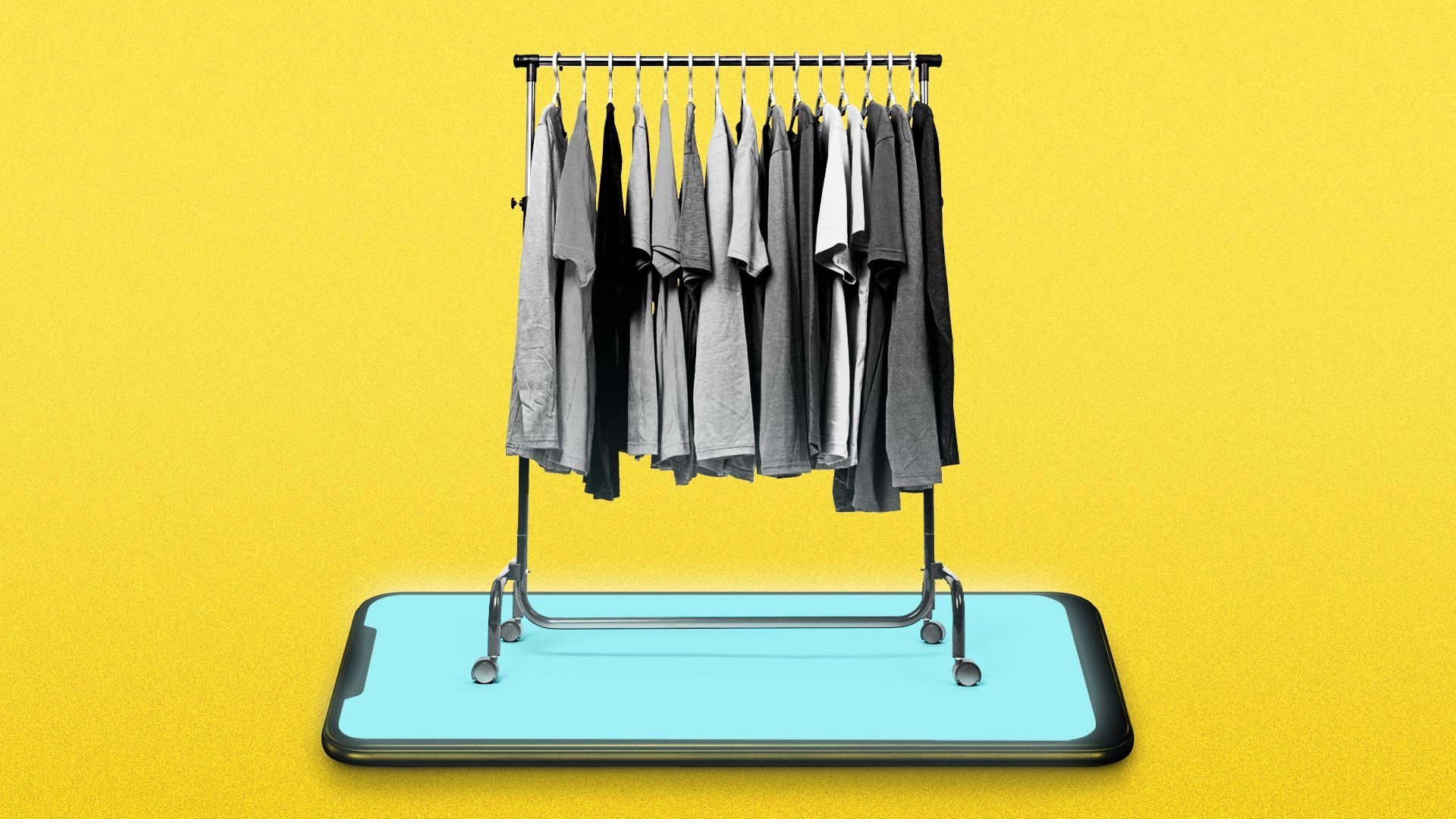 Illustration of a clothing rack on top of a cell phone screen.