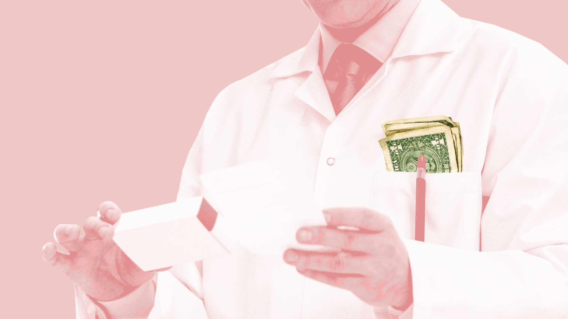 Illustration of money flying out of a pharmacist’s pocket.
