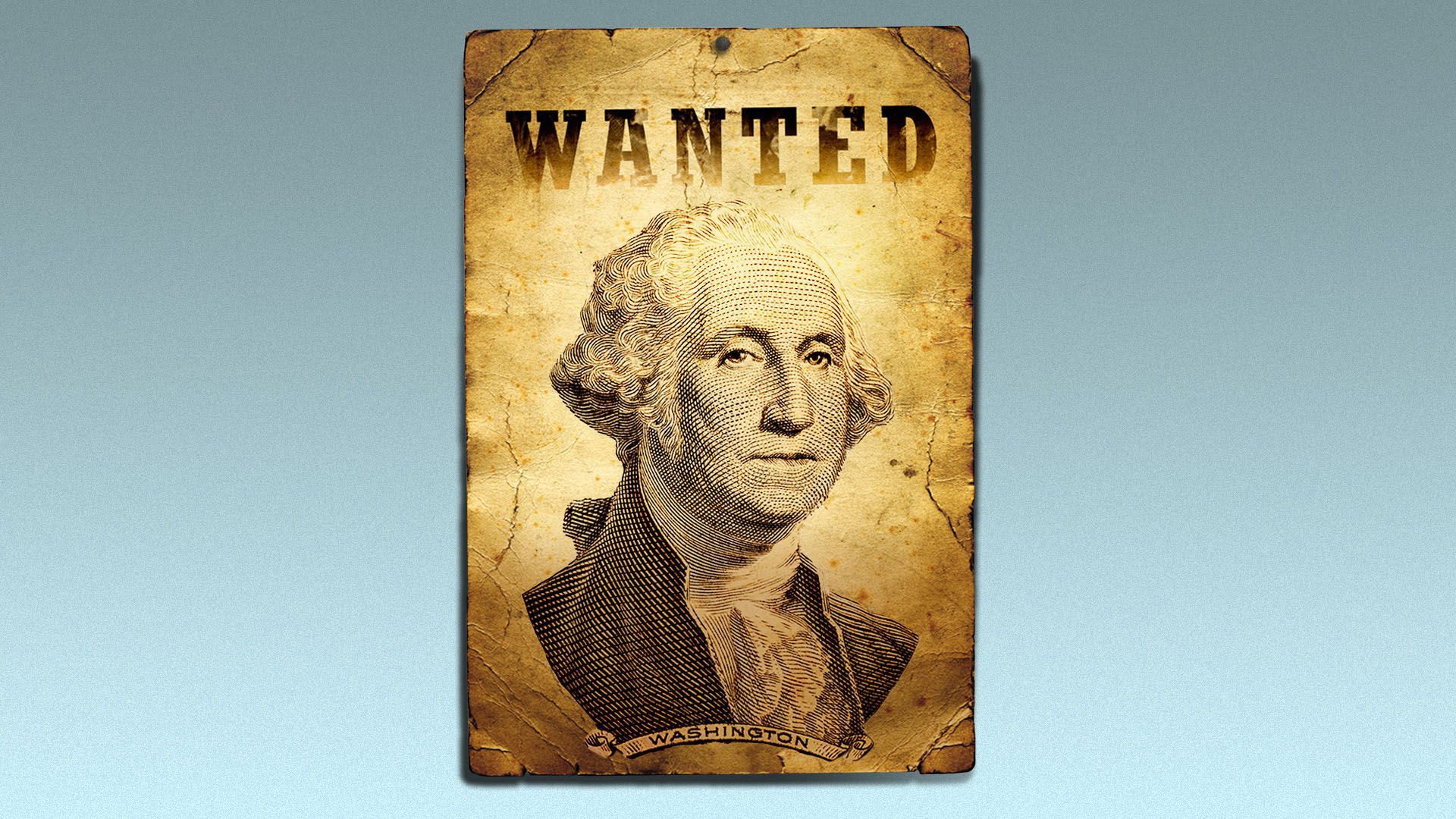 Illustration of a wanted poster with George Washington on it