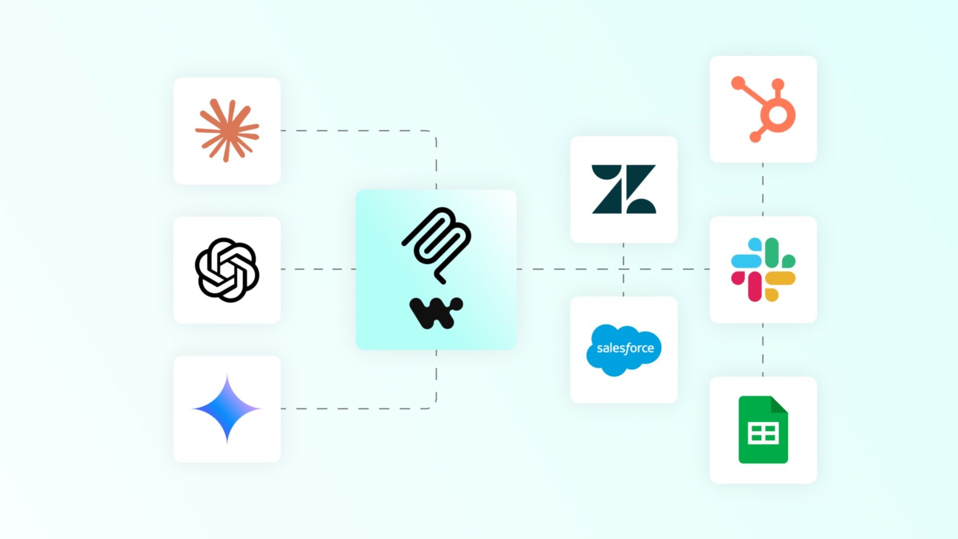 Central stylized black and white logo connected by dashed lines to various colorful app icons including Slack, Salesforce, HubSpot, Google Sheets, Zendesk, and others, on a light background.