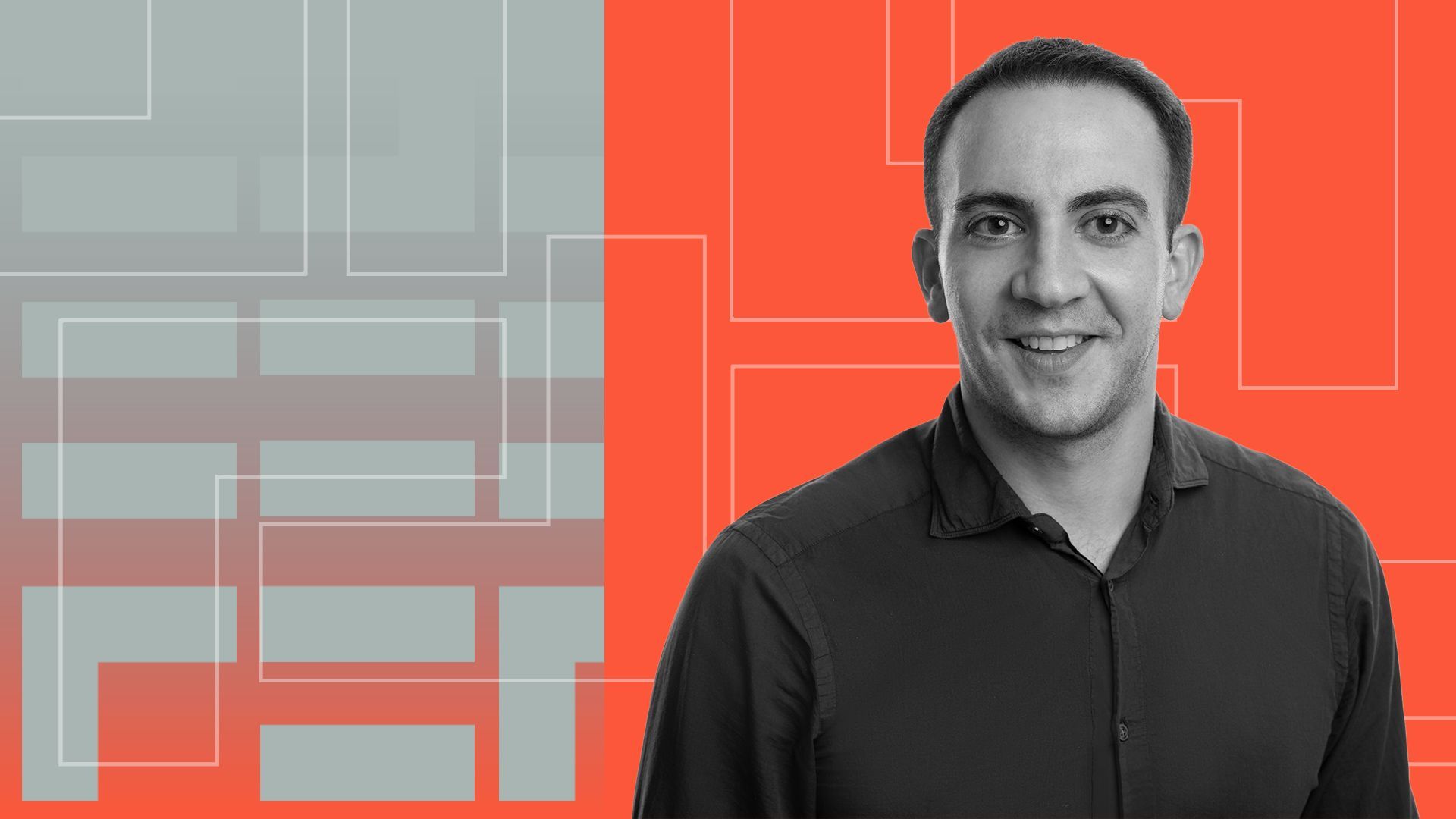 Photo illustration of Michael Tannenbaum on a background of abstract Figure Technology Solutions logos. 