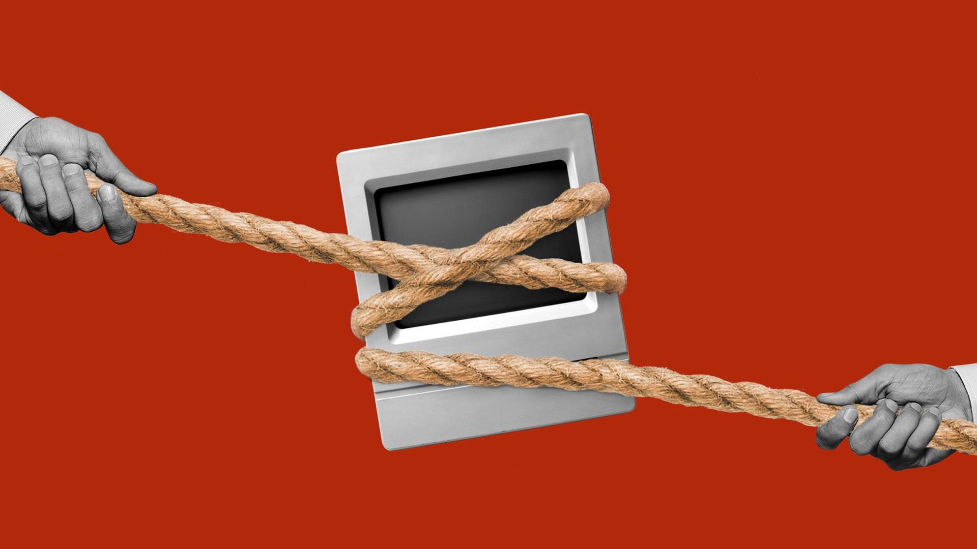 Illustration of a rope around a computer with two people in a tug-of-war