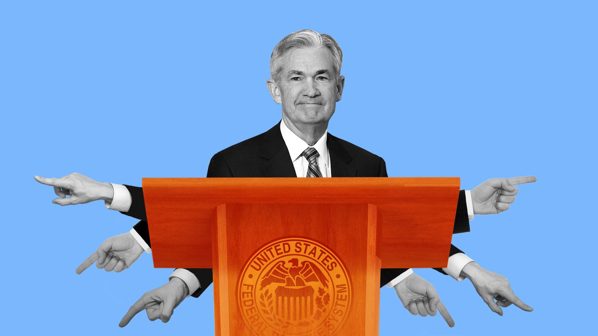 Illustration of Jerome Powell standing behind a podium, with multiple hands pointing in different directions