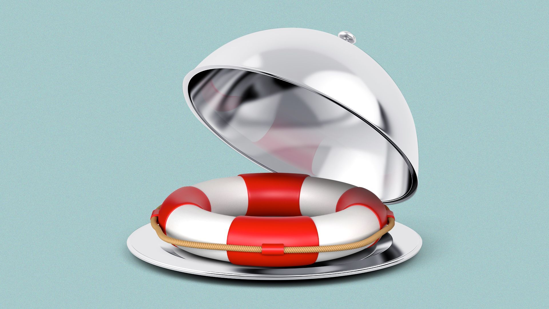 Illustration of a cloche opening up to reveal a life preserver.  