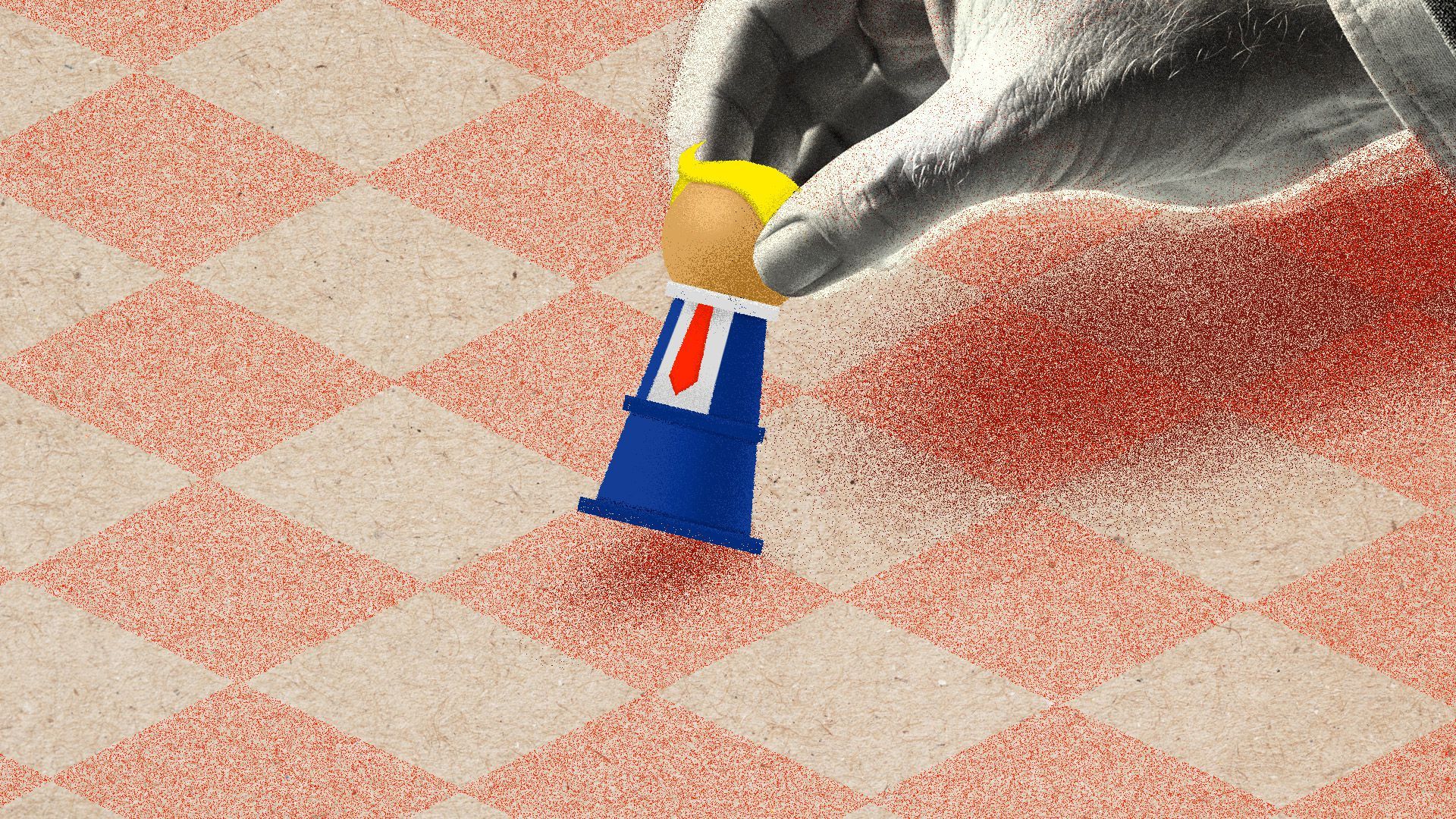 A hand placing a Donald Trump game piece on a game board