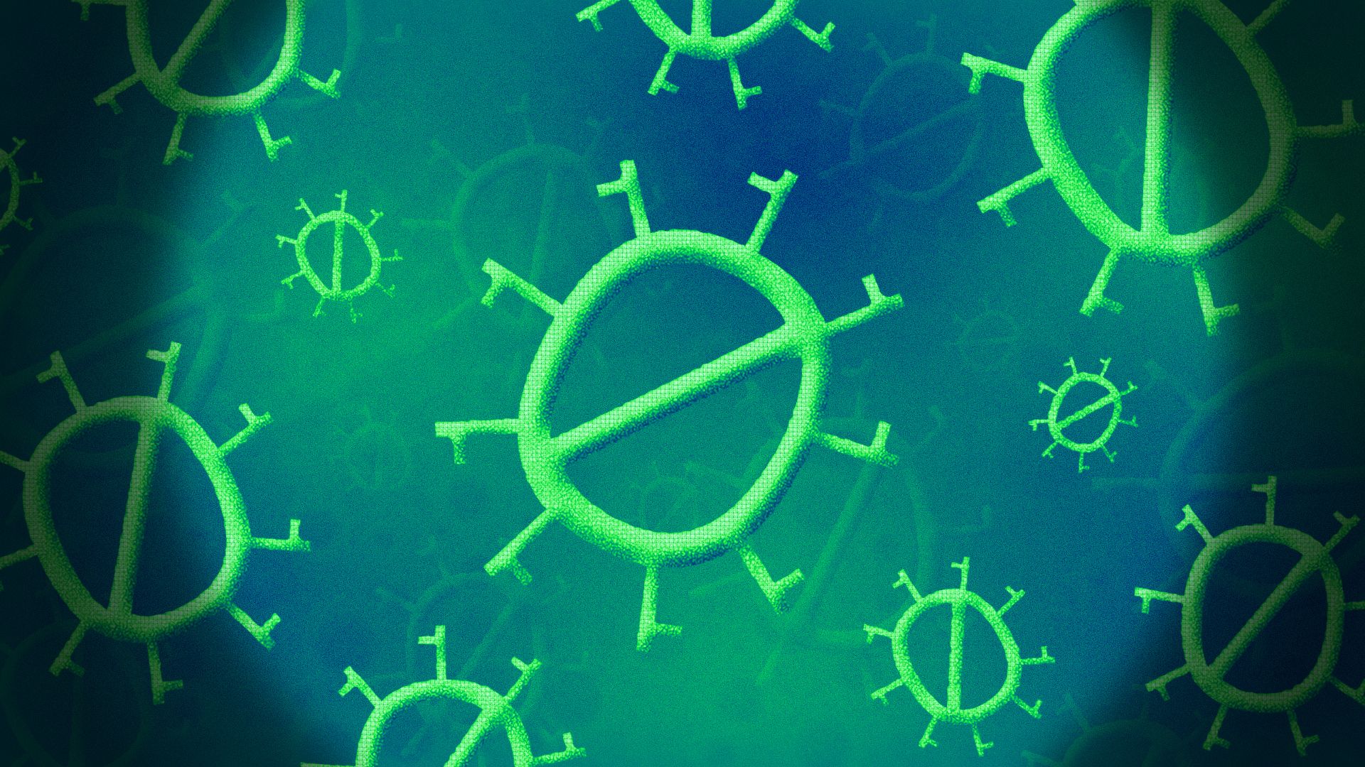 Illustration of a view through a microscope showing pathogens made from binary 0s and 1s.