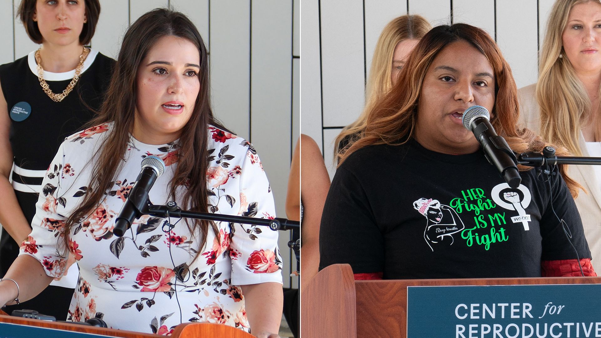 Two different photos are next to each other.  On the left is Ashley Brandt and on the right is Samantha Casiano. Both are standing at a podium with a microphone in front of them. 