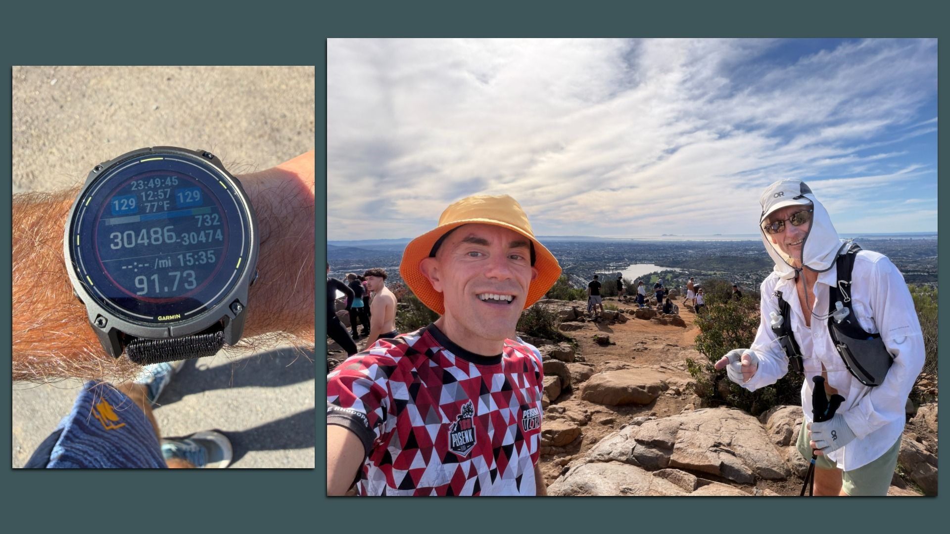 Two-panel image: Left shows a Garmin smartwatch on a hairy forearm with a blue digital readout. Right shows two hikers on a rocky overlook with a distant city and blue sky; one in an orange hat, the other in a white jacket and sunglasses.