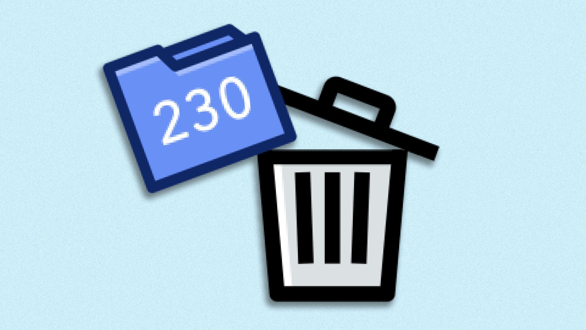 Illustration of a folder labeled 230 on the edge of a computer trash can