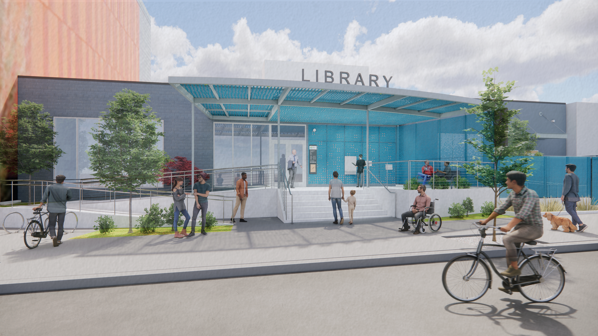 Rendering showing Portlanders approaching a future NW public library