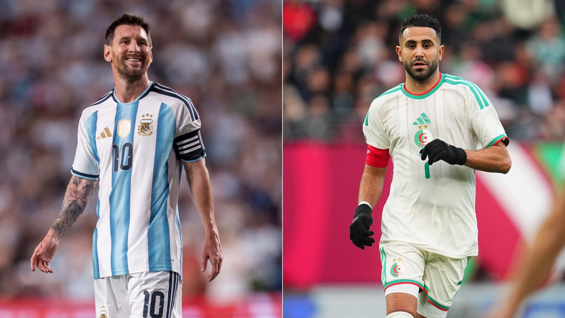 Two photos showing individual on-field portraits of Lionel Messi (left) and Riyad Mahrez (right).