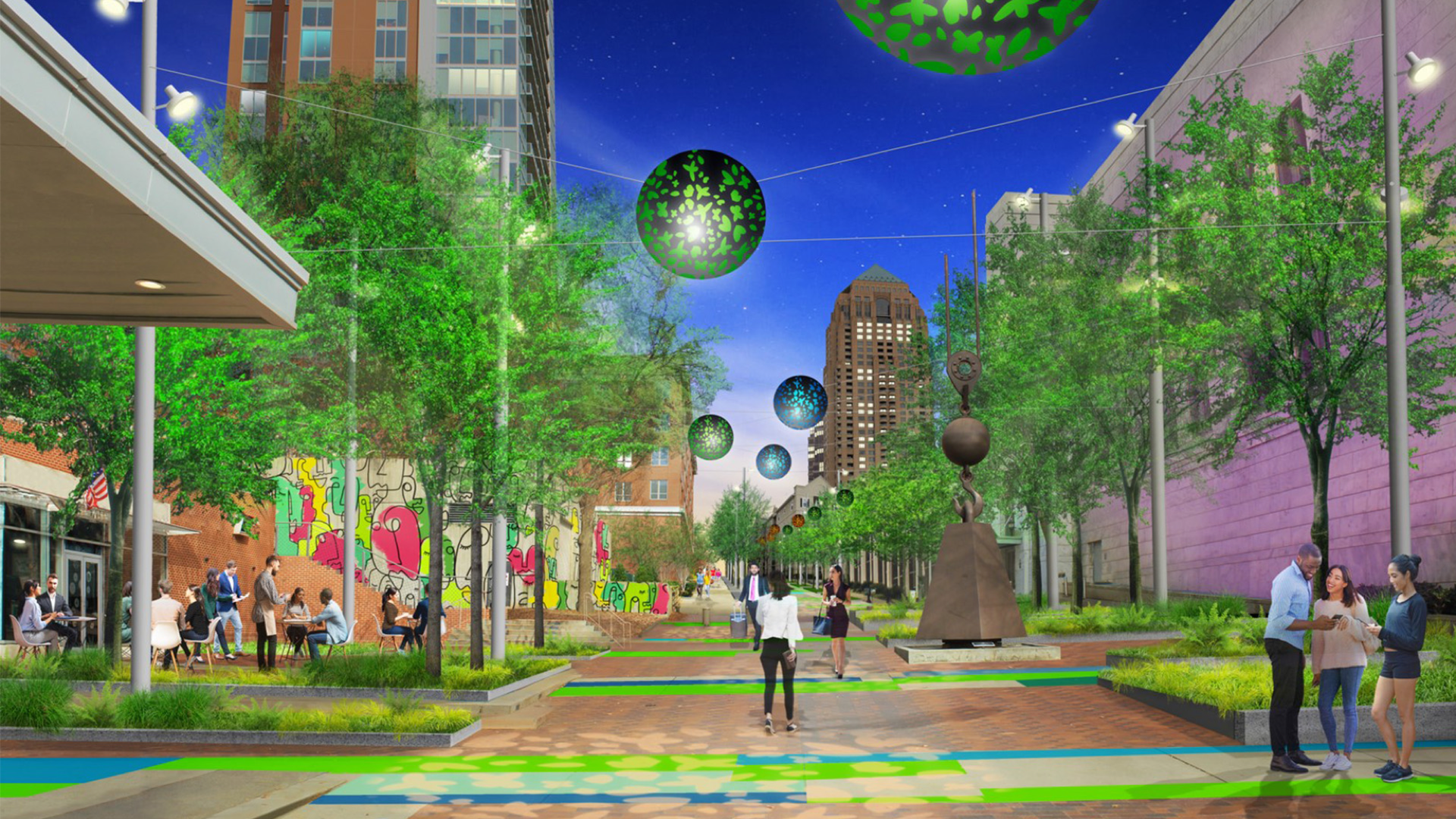 A rendering of a colorful paved pedestrian promenade in an urban setting with trees and green globes suspended overhead