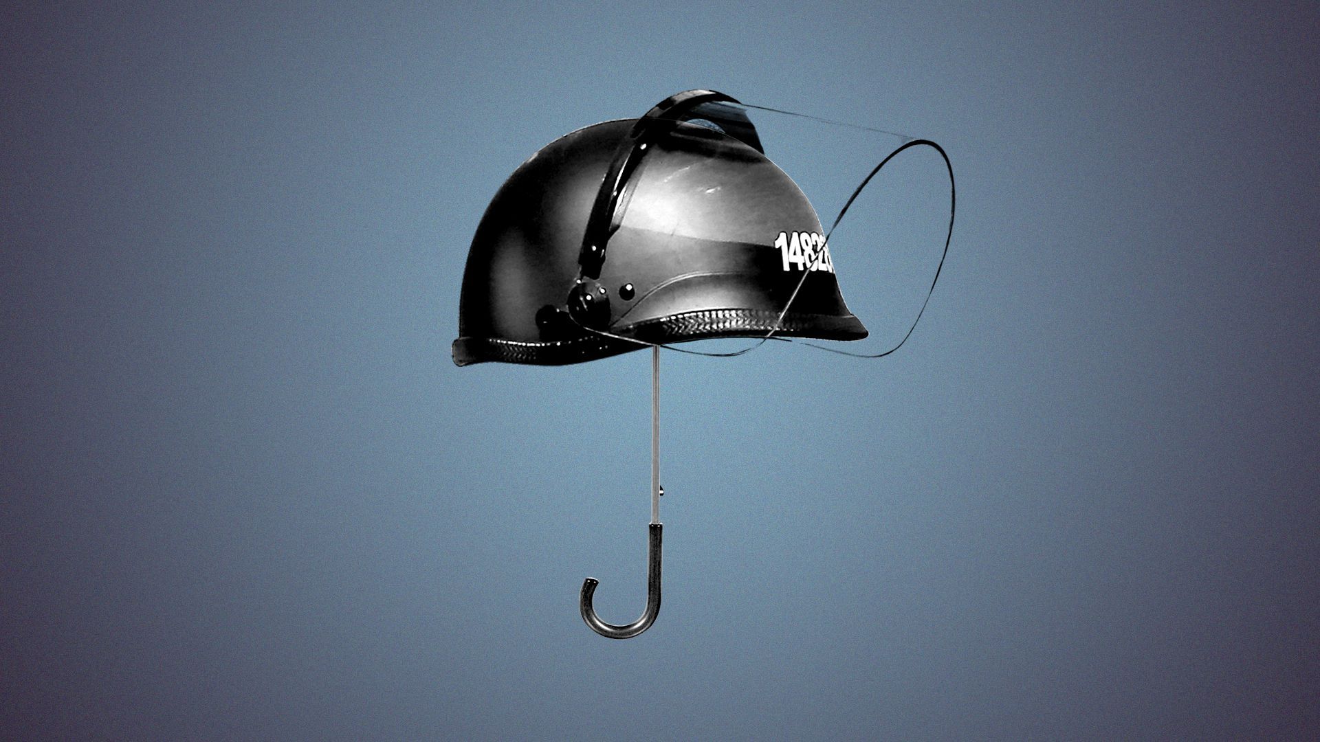 Photo illustration of a police helmet with an umbrella handle sticking out of the bottom.