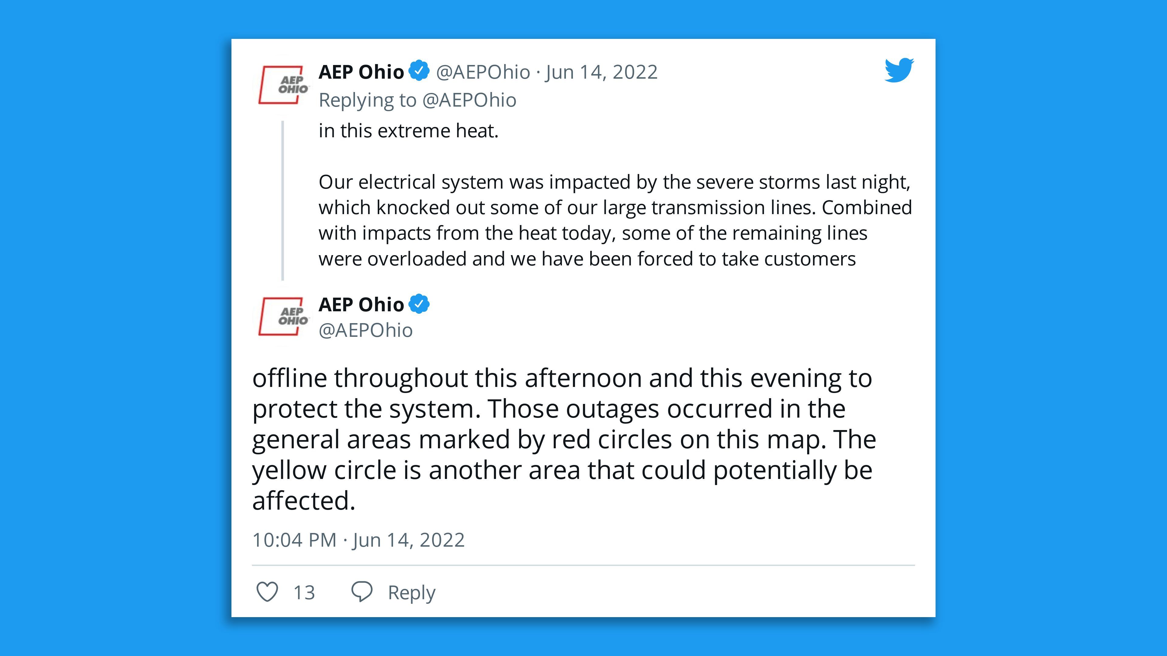 A tweet from AEP Ohio explaining the need for recent Columbus-area power outages. 