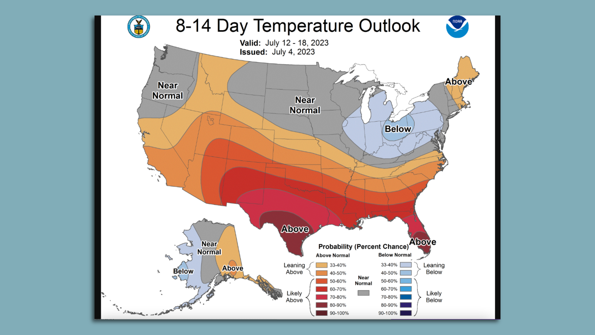A map showing temperature outlooks 