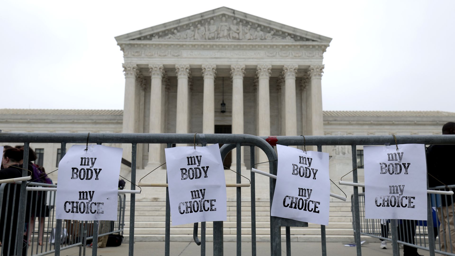 Picture of signs hanging in front of the Supreme Court with the words "my body, my choice"