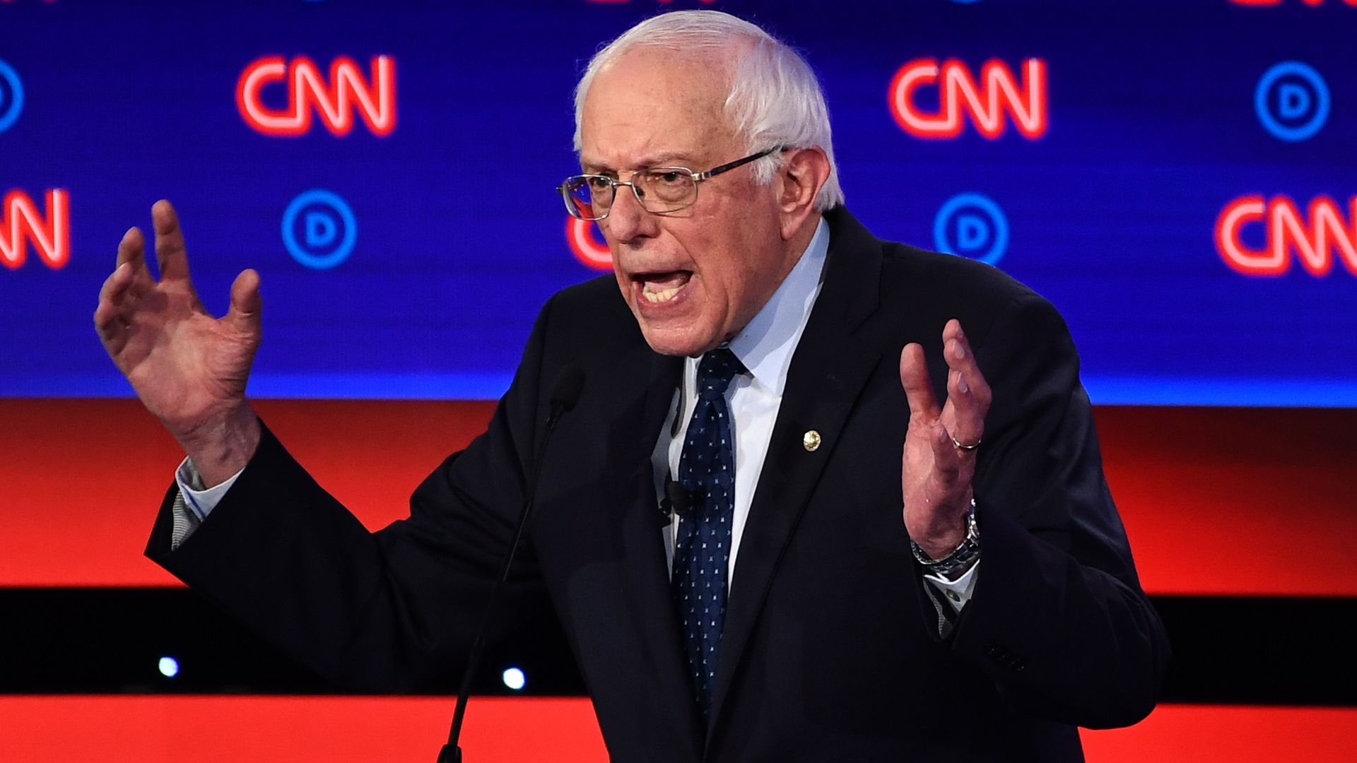 Photo of Sen. Bernie Sanders gesticulating as he speaks
