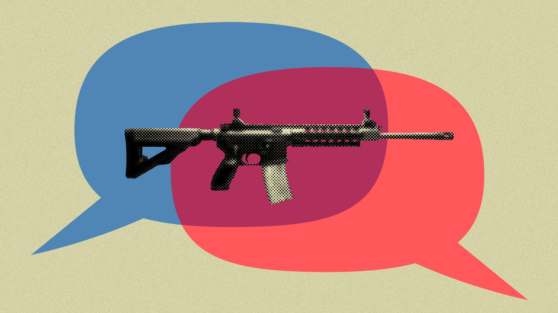 Illustration of a blue word balloon overlaid with a red word balloon, and a rifle in both of them.